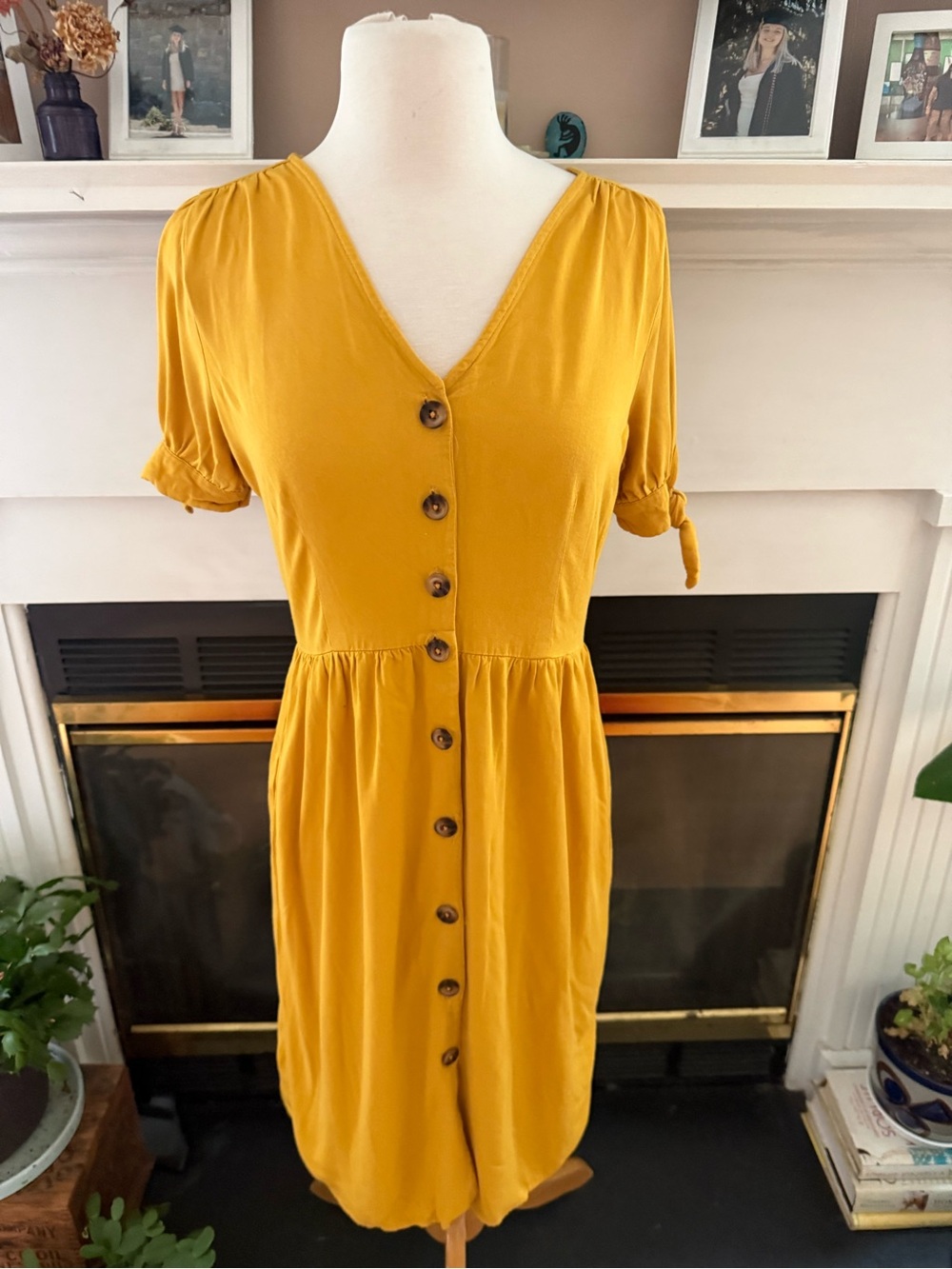 Button-Front Mustard Midi Dress with Tie Sleeves size small